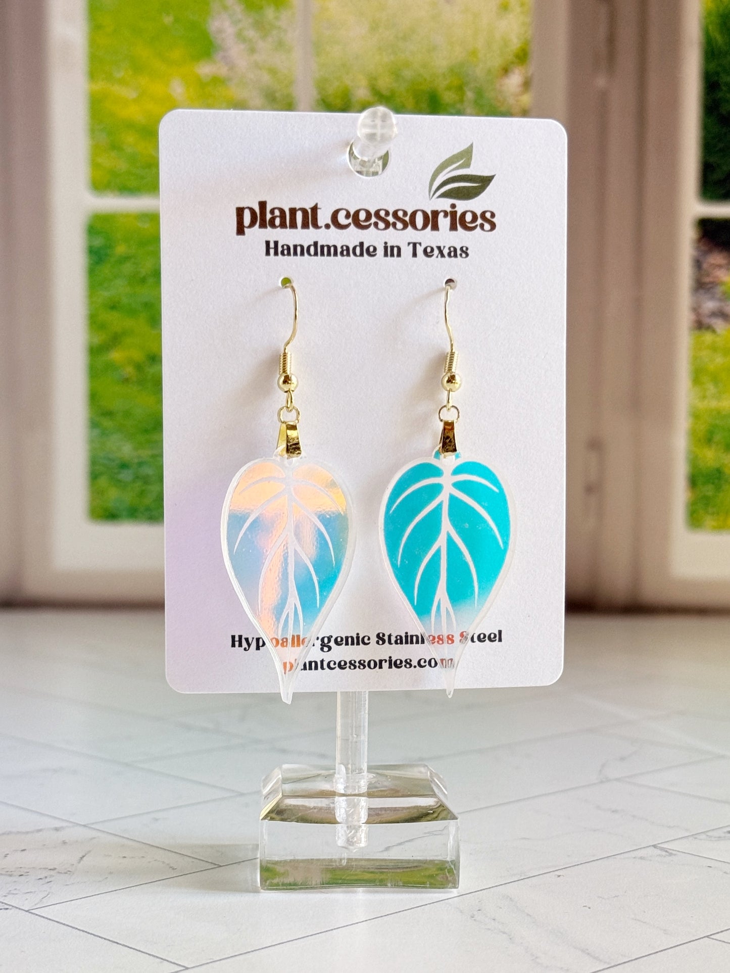 Iridescent Philodendron Leaf Earrings