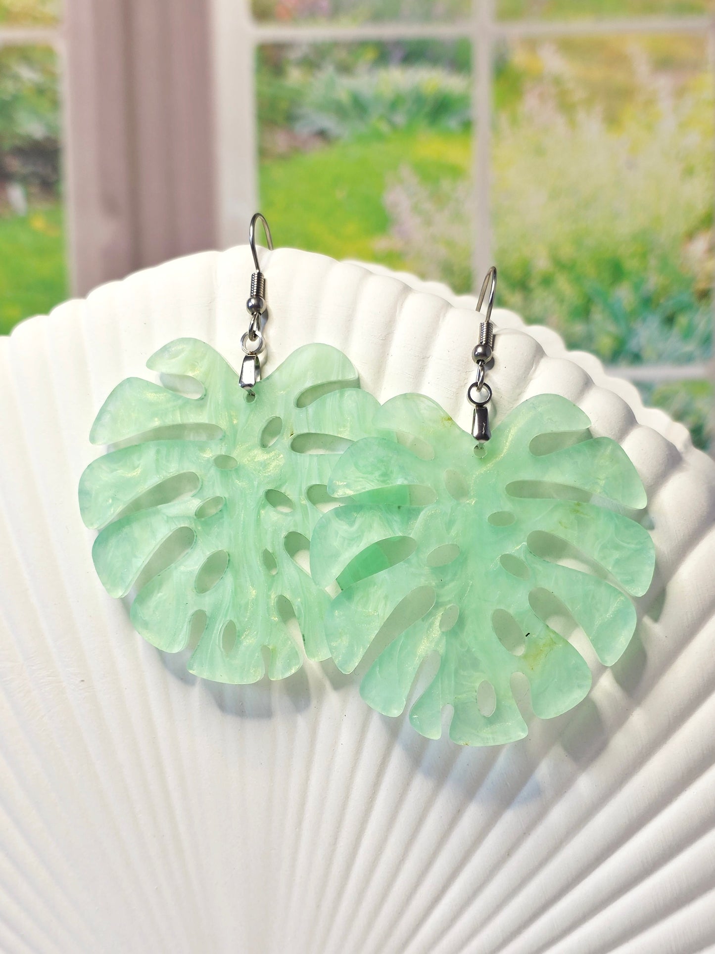 Monstera Mint Marble Statement Earrings