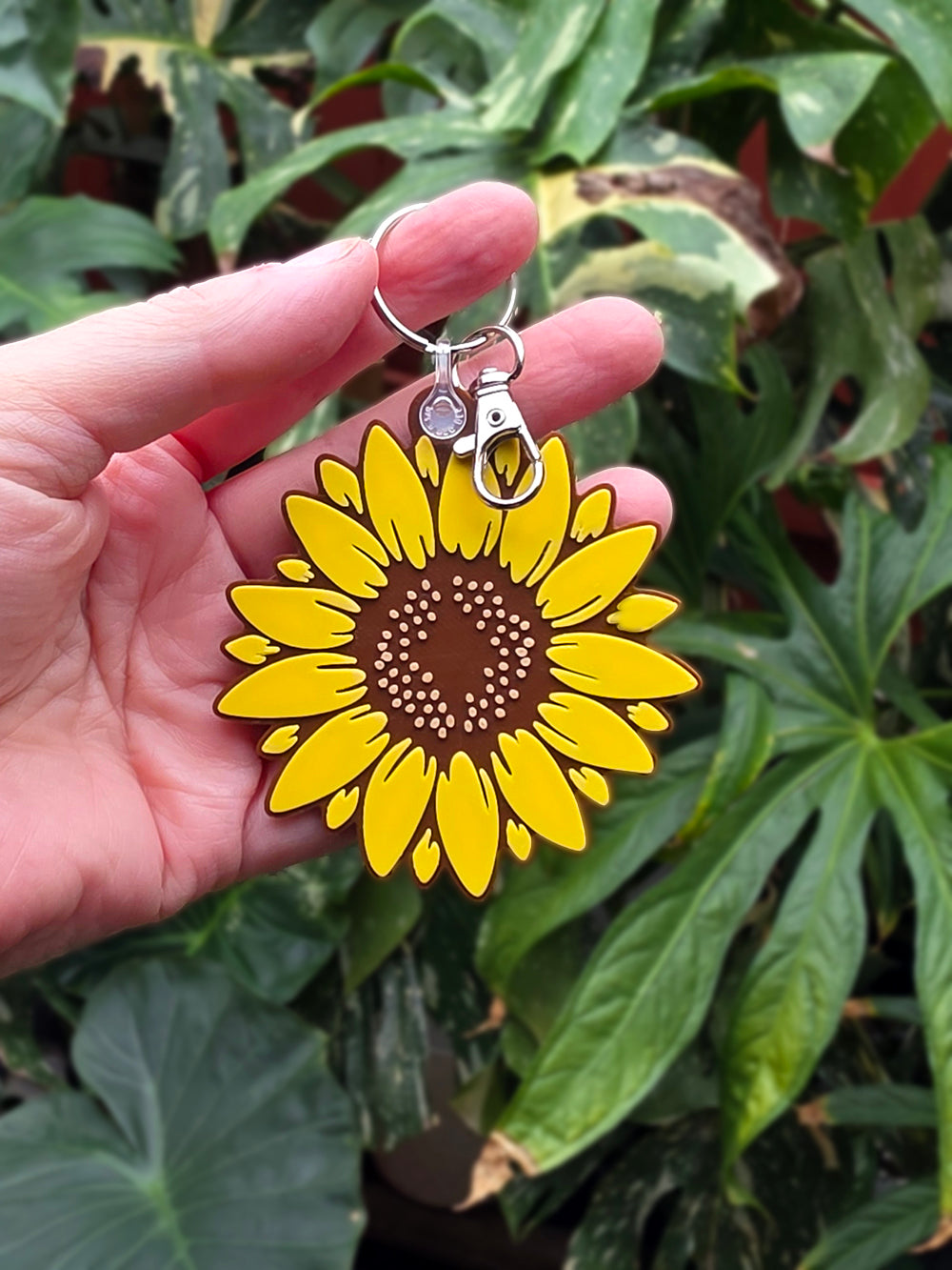 Sunflower keychain and bag charm 3D printed from plant-based PLA.