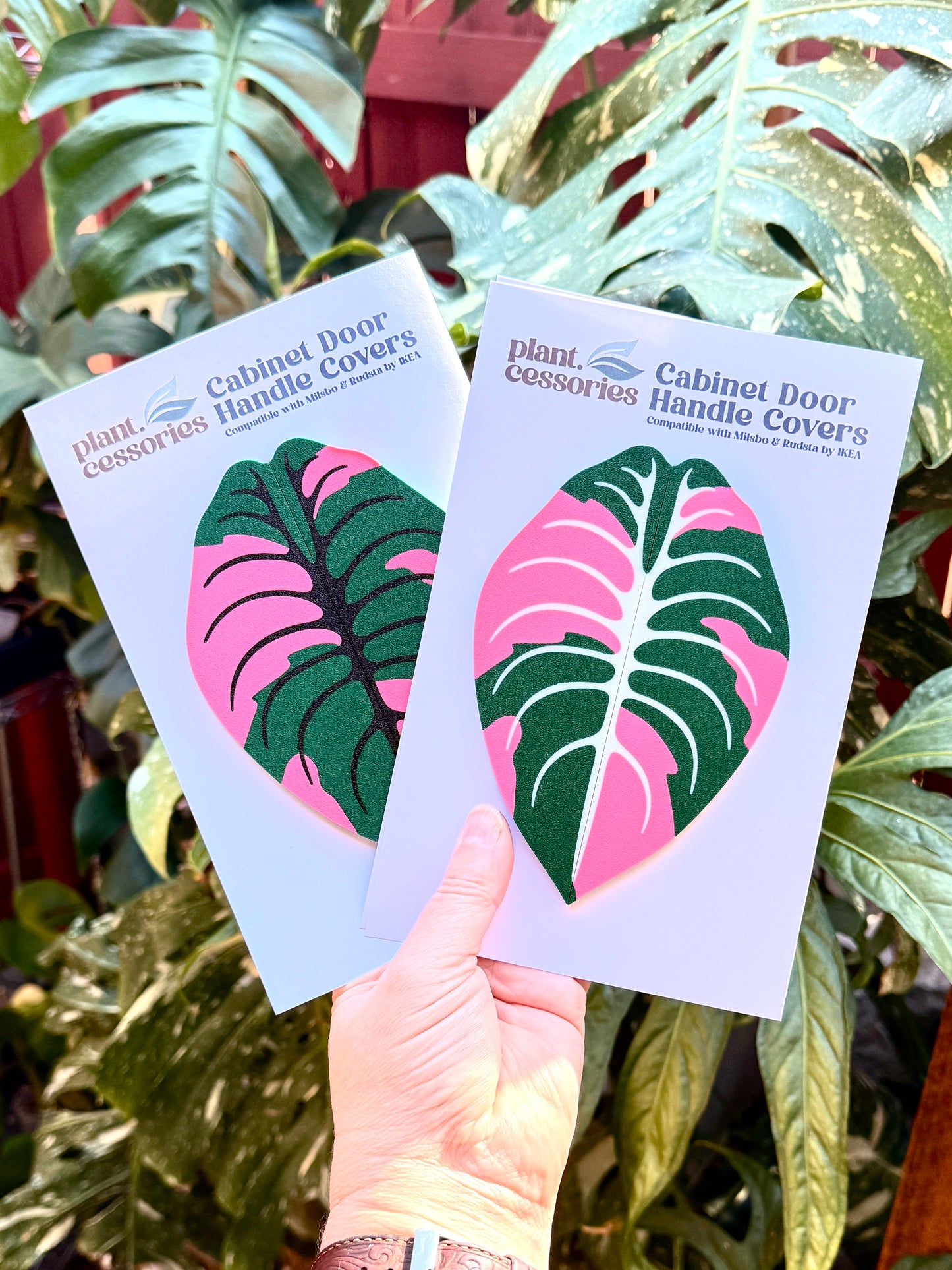 Slip-on Alocasia cabinet handle cover designed for IKEA greenhouse cabinet handles.