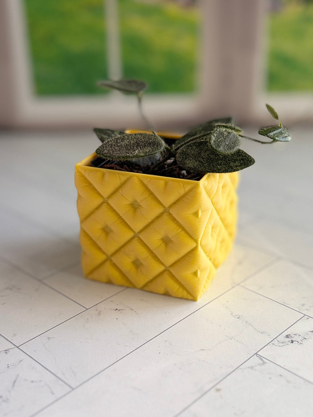 Yellow pillow-style mini planter holding a small houseplant, designed to fit a 2 inch nursery pot