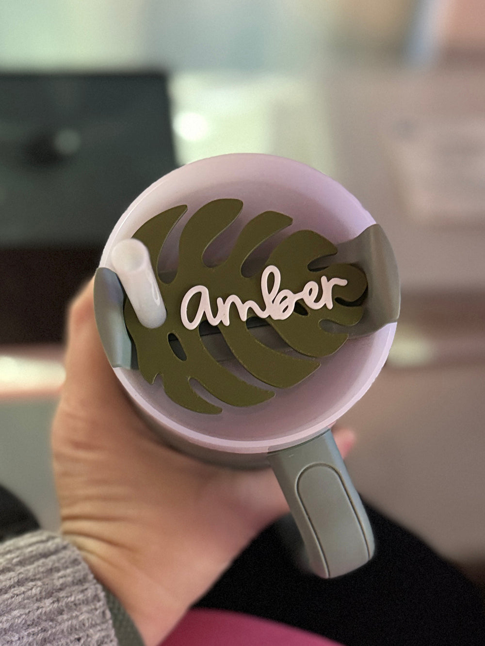 Personalized Monstera leaf straw topper on a Stanley 40oz tumbler, custom name straw cover for plant lovers