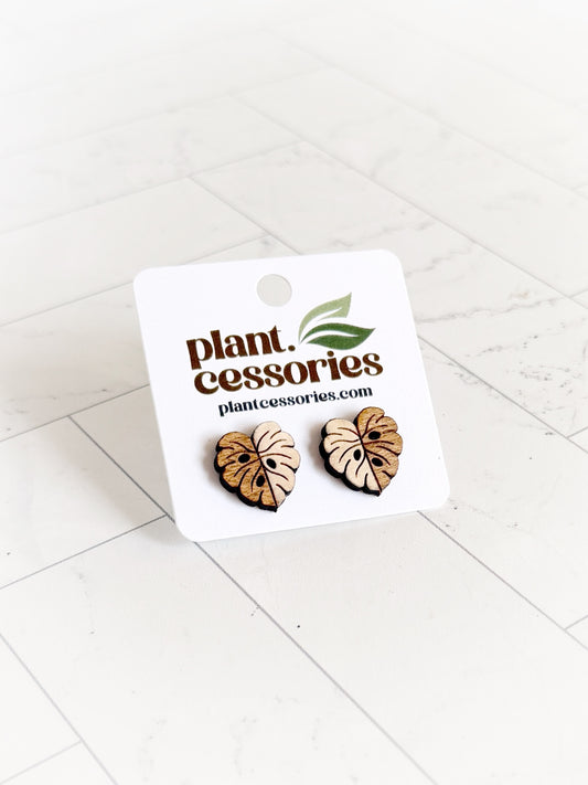 White & Wood Monstera Leaf Earrings