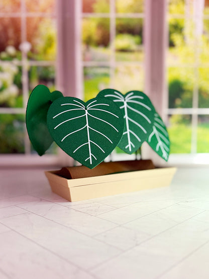 3D-printed Philodendron plowmanii coaster set with secret compartment displayed assembled as a decorative plant with detachable leaf coasters.