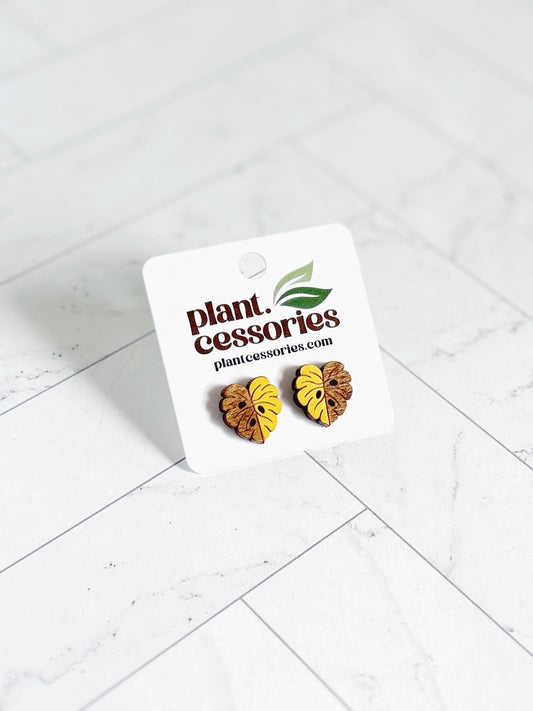 Yellow & Wood Monstera Leaf Earrings