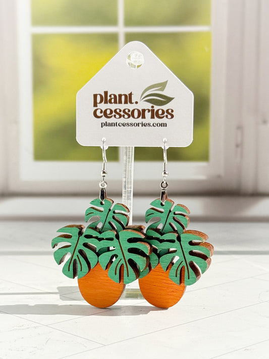Layered Wood Monstera Earrings