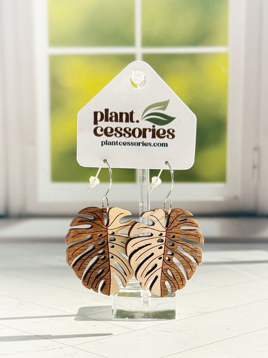 White & Wood Monstera Leaf Dangle Earrings