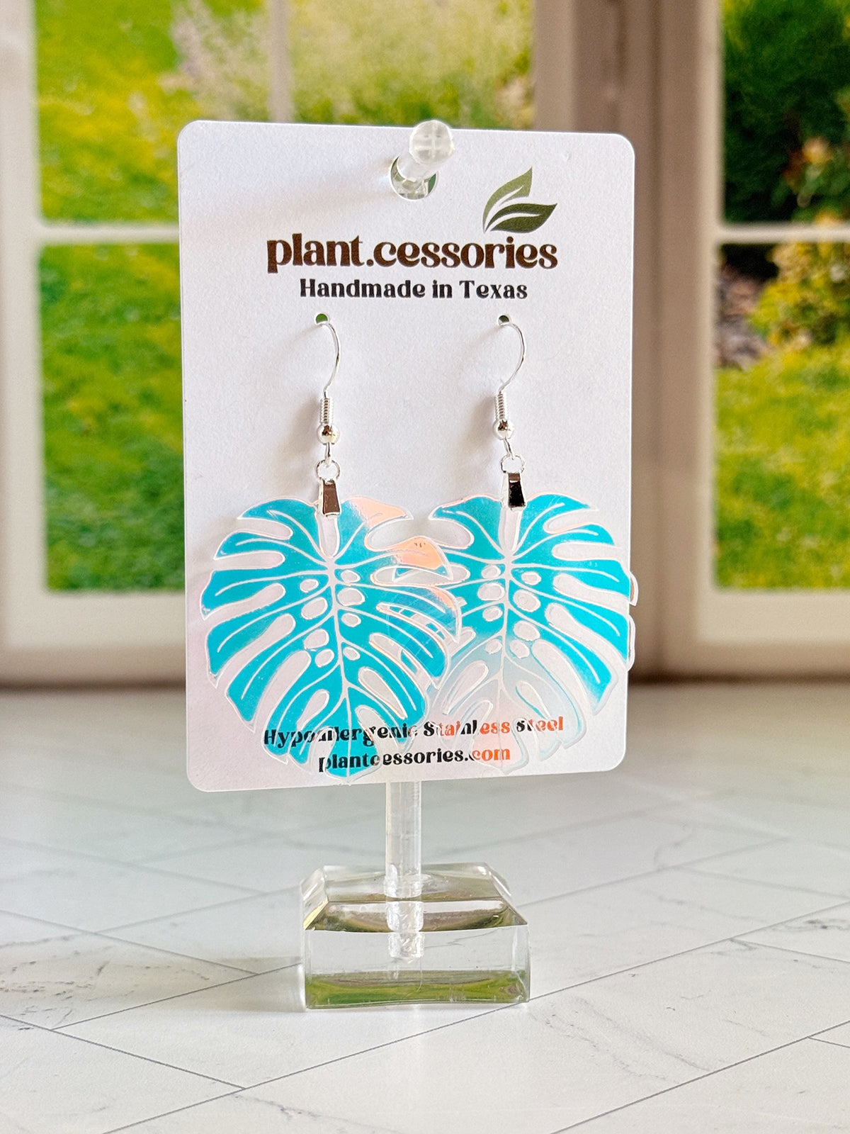 Iridescent Monstera Leaf Earrings