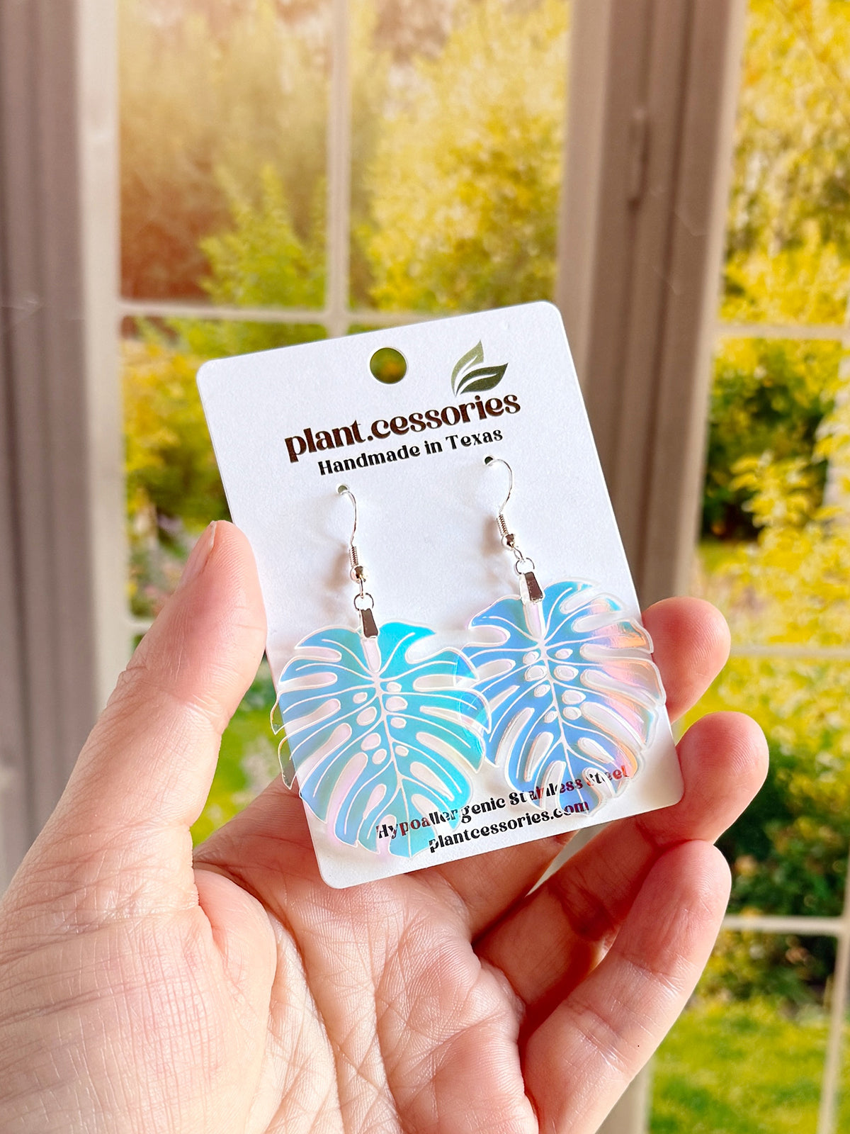 Iridescent Monstera Leaf Earrings