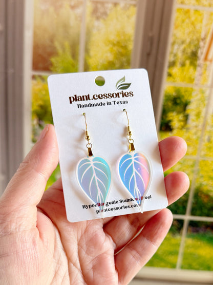 Iridescent Philodendron Leaf Earrings