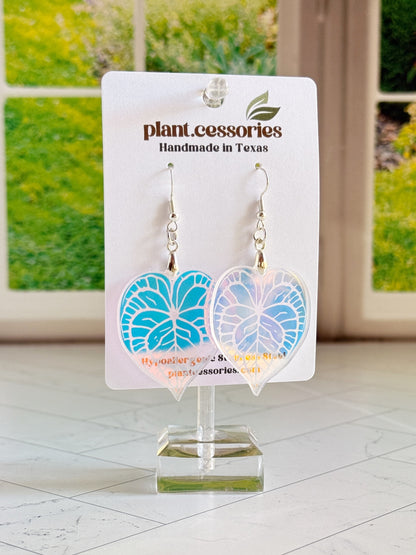 Hand-drawn and laser-cut Anthurium clarinervium leaf earrings with stainless steel hooks.