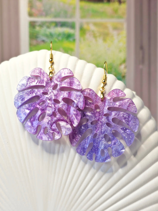 Galaxy Purple Monstera Earrings
