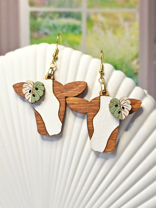 Cow & Monstera Leaf Earrings