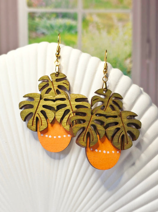 Hand Painted Monstera Plant Earrings