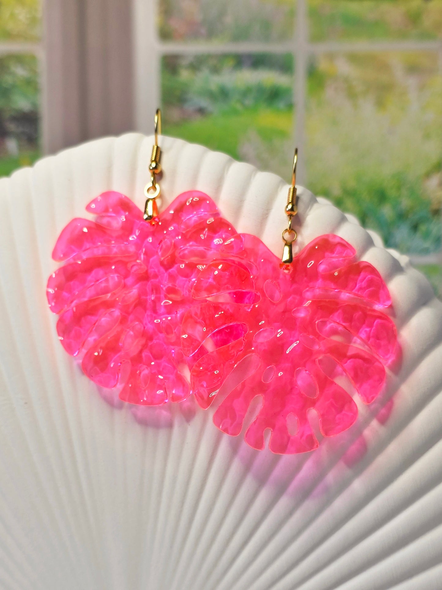 Monstera Neon Pink Ripple Statement Earrings
