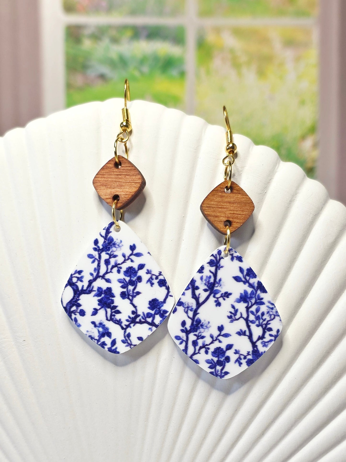 Navy Blue Floral Teardrop Earrings