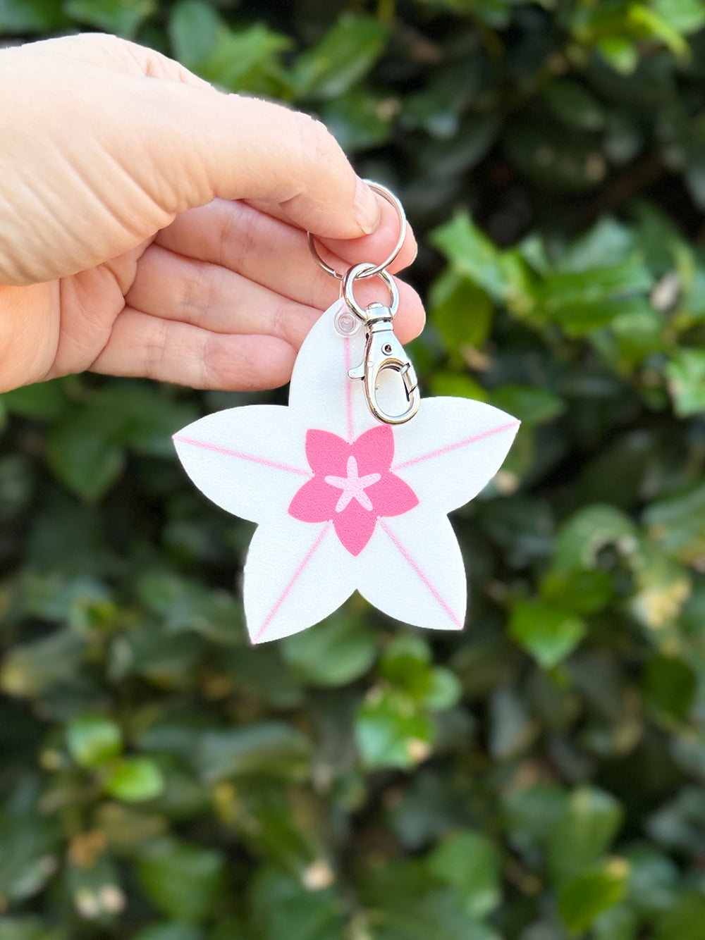 Hoya bloom keychain clipped to metal keyring and lobster clasp.